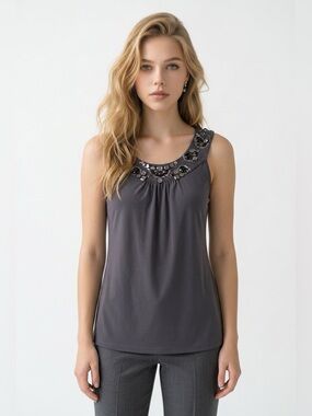 Express Embellished Charcoal Sleeveless Scoop Neck Top
